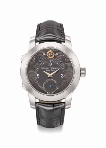Girard-Perregaux. A very rare, attractive and possibly unique platinum musical wristwatch with special order black dial, power reserve, Certificate of Authenticity and box, playing Mozart’s “A Little Night Music” or Tchaikovsky’s “No Great Love” on demand