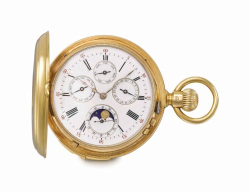 Swiss. A very fine and rare 18K gold half hunter case quarter-repeating triple calendar keyless lever watch with moon phases, short chain and hardstone seal, presented by King George V of Hanover to the Surgeon-General of the German Order of Knights, Albe