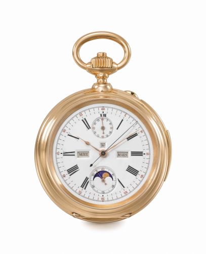 Dürrstein & Co. An extremely fine rare and large 18K pink gold openface minute repeating “digital” triple calendar chronograph keyless lever watch with moon phases and instantaneous minute recorder