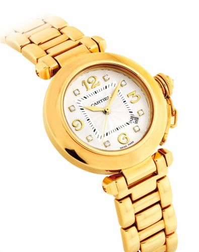 CARTIER. A LADY'S 18K GOLD AND DIAMOND-SET AUTOMATIC WRISTWATCH WITH SWEEP CENTRE SECONDS AND DATE