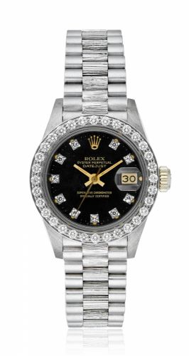 ROLEX, LADIES DATEJUST WITH DIAMOND BEZEL AND BLACK LACQUERED DIAL, REF. 6913