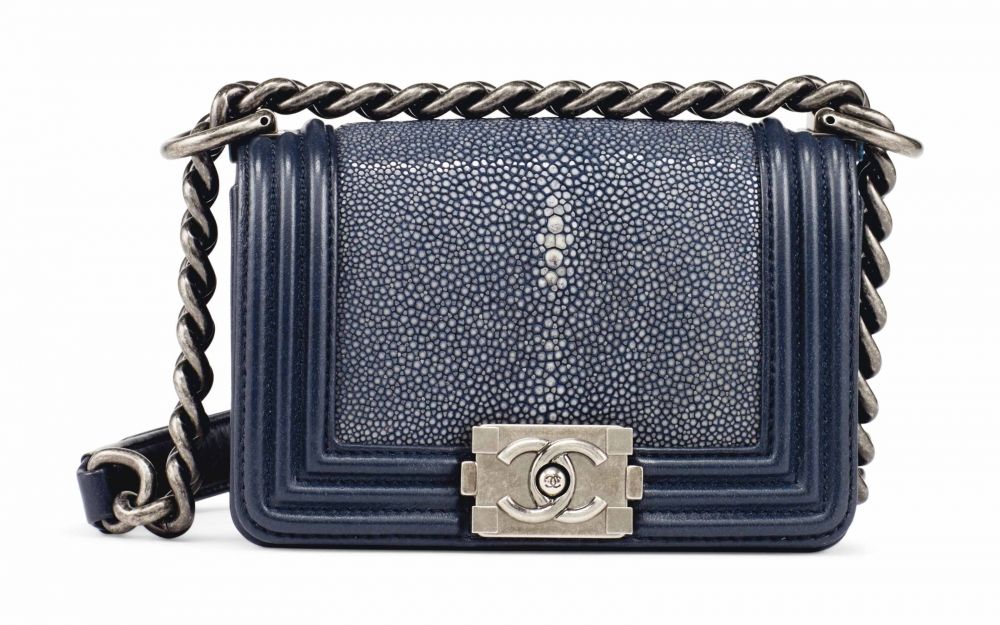 SAC MINI BOY EN GALUCHAT & VEAU BLEU FONCÉ, GARNITURE EN MÉTAL GRIS ACIER