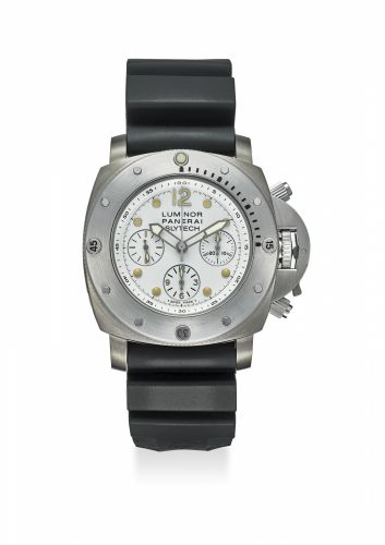 PANERAI. A TITANIUM LIMITED EDITION CUSHION-SHAPED AUTOMATIC CHRONOGRAPH WRISTWATCH WITH ORIGINAL CERTIFIVATE AND BOX