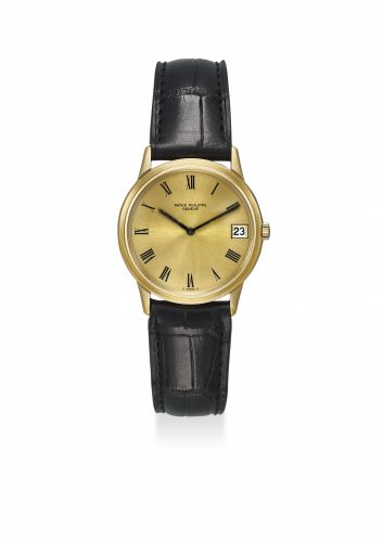 PATEK PHILIPPE. A FINE, RARE AND ATTRACTIVE 18K YELLOW GOLD CALATRAVA AUTOMATIC WRISTWATCH WITH DATE