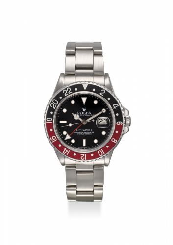 ROLEX. A FINE AND RARE, STAINLESS STEEL AUTOMATIC TWO TIME-ZONE WRISTWATCH WITH SWEEP CENTRE SECONDS, 24 HOUR BEZEL, DATE AND BRACELET/bb