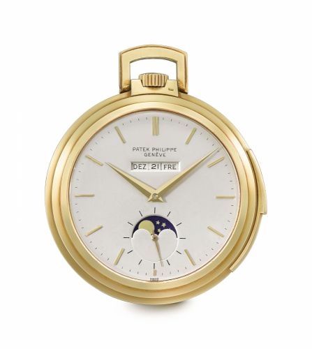Patek Philippe. A very fine and very rare 18K gold openface minute repeating keyless lever watch with linear or ''American'' perpetual calendar and moon phases