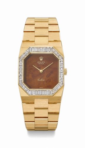 Rolex. A rare and very elegant 18K gold and diamond-set rectangular wristwatch with mahogany dial and 18K gold bracelet
