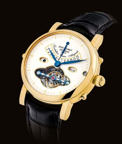 JEAN-MAIRET & GILLMAN. A VERY FINE 18K GOLD TOURBILLON WRISTWATCH WITH RETROGRADE DUAL TIME DISPLAY, DAY, DATE AND DAY/bb//bbNIGHT INDICATION