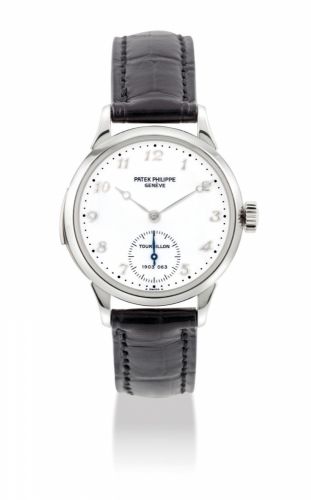 PATEK PHILIPPE. A VERY FINE AND RARE PLATINUM MINUTE REPEATING TOURBILLON WRISTWATCH WITH ENAMEL DIAL AND BREGUET NUMERALS