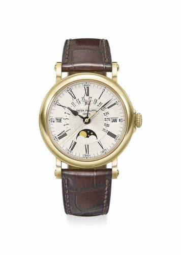Patek Philippe. A Fine 18k Gold Automatic Perpetual Calendar Wristwatch with Leap Year Indication, Retrograde Date, Center Seconds and Moon Phases