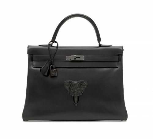 A LIMITED EDITION BLACK CALF BOX LEATHER RETOURNÉ SO BLACK KELLY 35 WITH BLACK HARDWARE & AFTER-MARKET ELEPHANT EMBELLISHMENT