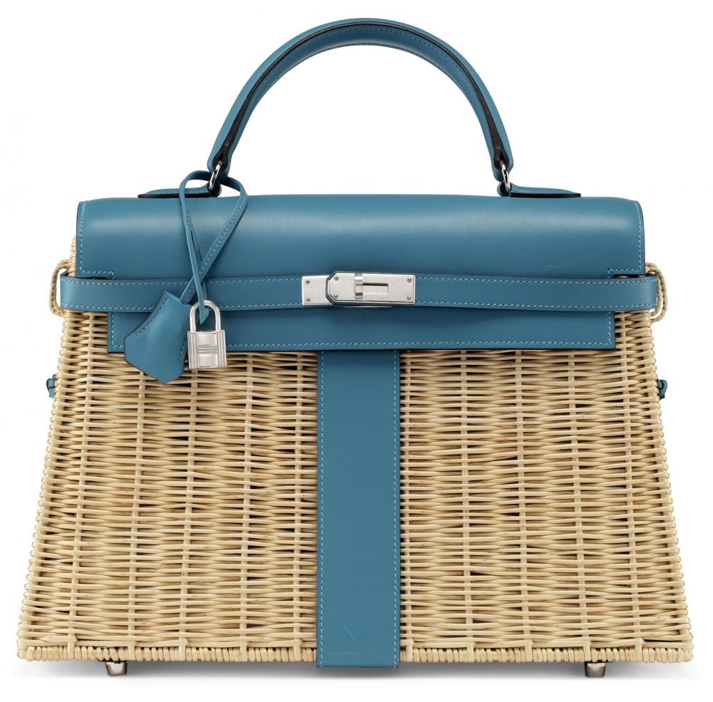 A RARE, TURQUOISE SWIFT LEATHER & OSIER PICNIC KELLY WITH PALLADIUM HARDWARE HERMÈS, 2013