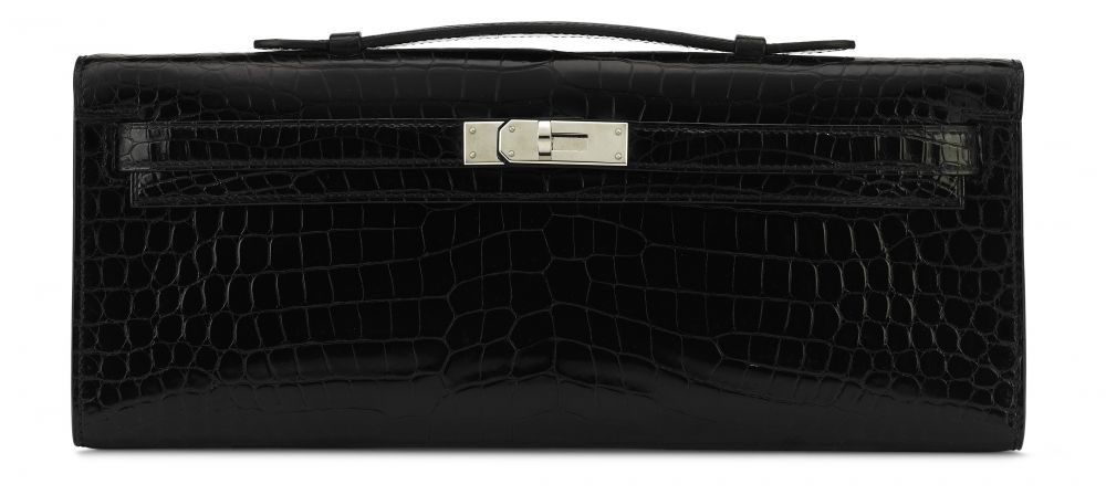 A SHINY BLACK POROSUS CROCODILE KELLY CUT WITH PALLADIUM HARDWARE HERMÈS, 2010