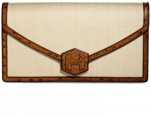 A COGNAC OSTRICH & CRINOLINE HEXAGONE CLUTCH