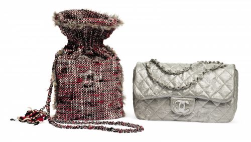 A SET OF THREE:A METALLIC SILVER LAMBSKIN LEATHER SINGLE FLAP BAG WITH ICE CUBE EMBELLISHMENT & CRYSTAL & SILVER HARDWAREA RED TWEED ICE CUBE ADORNED HOT WATER BOTTLE HOLDERA SILVER & CRYSTAL ICE CUBE LONG NECKLACE
