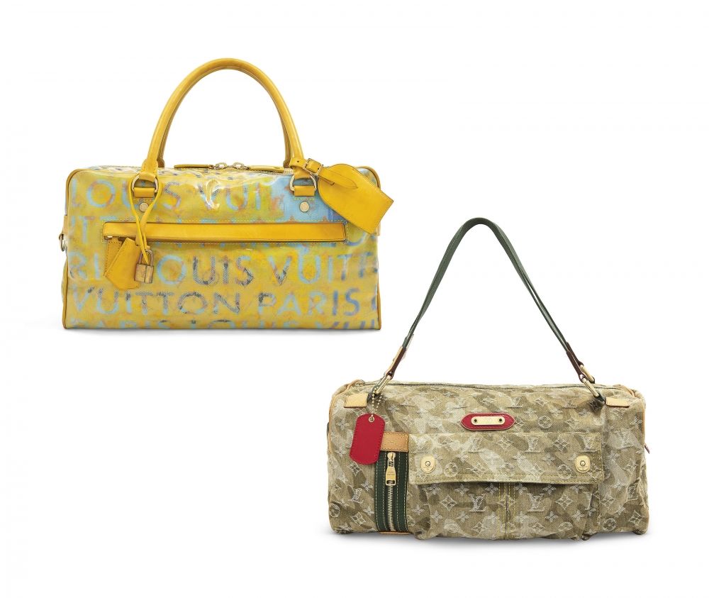 A SET OF TWO: A DENIM MONOGRAMOUFLAGE JASMIN AND A PULP JAUNE CALFSKIN & BLUE COATED DENIM DEFILÉ PM BY RICHARD PRINCE