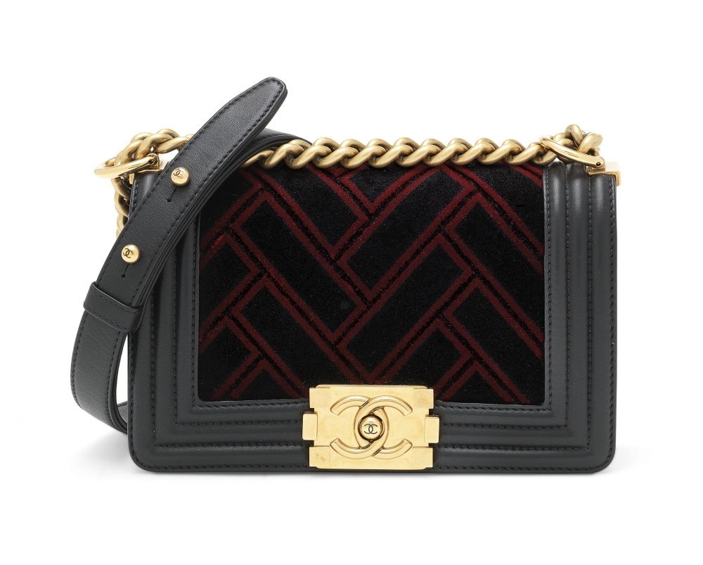 A BLACK & BURGUNDY LAMBSKIN LEATHER AND VELVET MINI BOY BAG WITH BRUSHED GOLD HARDWARE