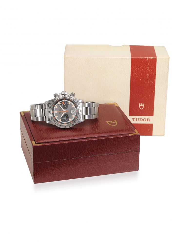 TUDOR. A RARE AND ATTRACTIVE STAINLESS STEEL CHRONOGRAPH WRISTWATCH WITH BRACELET AND ORIGINAL BOX