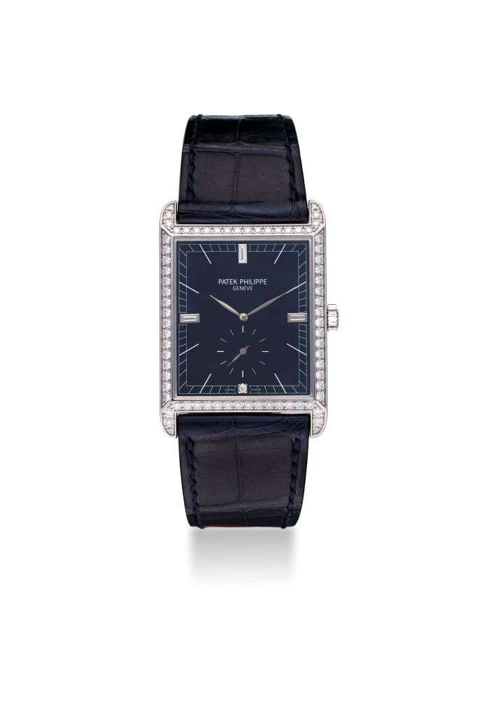 PATEK PHILIPPE. A FINE 18K WHITE GOLD DIAMOND-SET RECTANGULAR WRISTWATCH WITH CERTIFICATE OF ORIGIN