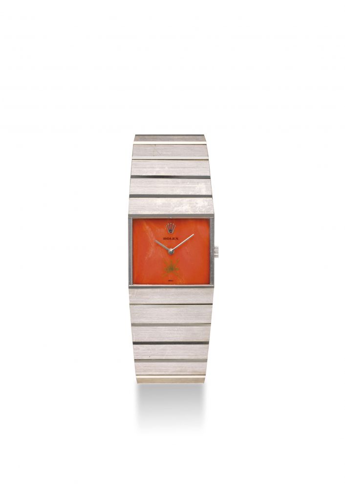 ROLEX. A FINE AND VERY RARE 18K WHITE GOLD WRISTWATCH WITH CORAL DIAL AND BRACELET MADE FOR THE SULTANATE OF OMAN, ORIGINAL BOX