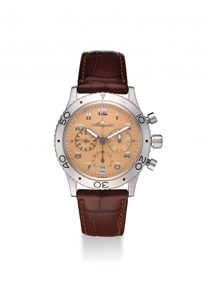 BREGUET. A FINE AND RARE PLATINUM LIMITED EDITION AUTOMATIC FLYBACK CHRONOGRAPH WITH DATE, ORIGINAL BOX