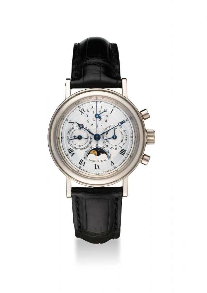 BREGUET. AN ATTRACTIVE AND VERY FINE PLATINUM PERPETUAL CALENDAR CHRONOGRAPH WRISTWATCH WITH MOON PHASES, LEAP YEAR INDICATION AND ORIGINAL BOX