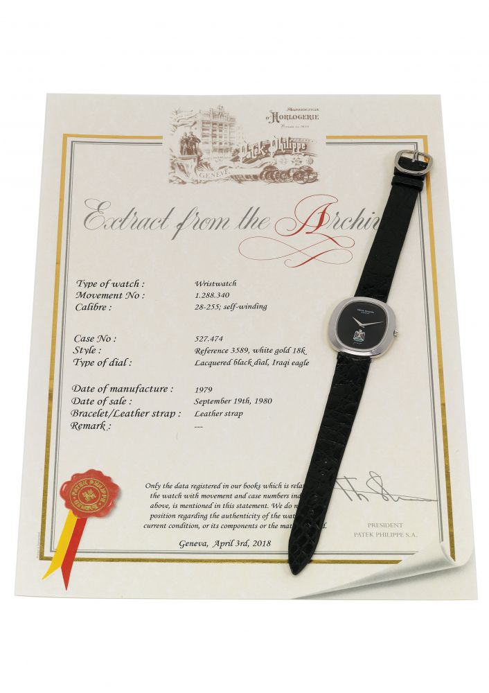 PATEK PHILIPPE. AN ATTRACTIVE AND RARE 18K WHITE GOLD CUSHION-SHAPED WRISTWATCH WITH IRAQI COAT OF ARMS