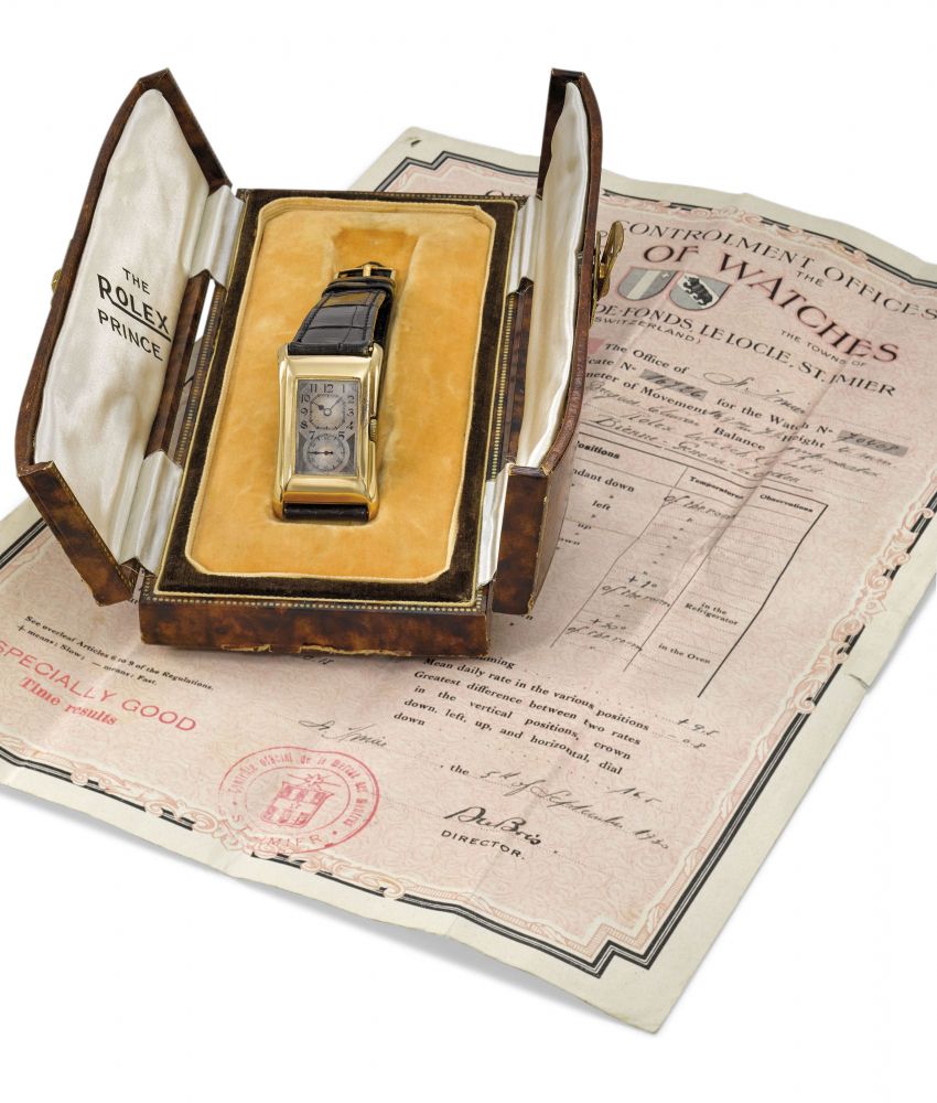 ROLEX. A FINE 18K GOLD RECTANGULAR WRISTWATCH WITH TWO-TONE DIAL, RATING CERTIFICATE AND BOX