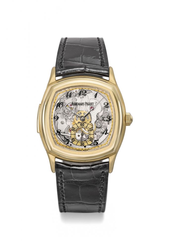 Audemars Piguet. A fine 18K gold gold cushion-shaped skeletonized minute repeating wristwatch with Breguet numerals, Extract from the Register and box