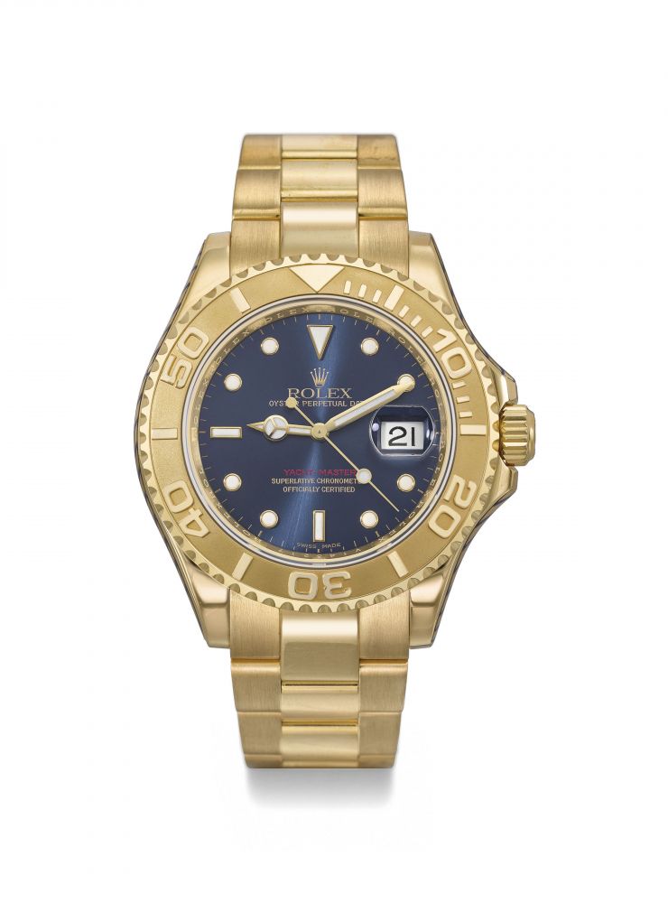 ROLEX. A FINE AND RARE 18K GOLD AUTOMATIC WRISTWATCH WITH SWEEP CENTRE SECONDS, DATE, BRACELET, BLUE DIAL, INTERNATIONAL GUARANTEE AND BOX