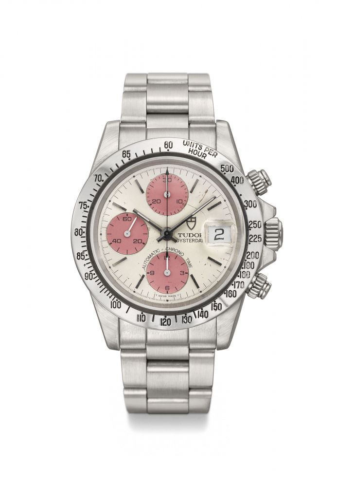 TUDOR. A RARE STAINLESS STEEL AUTOMATIC CHRONOGRAPH WRISTWATCH WITH DATE, BRACELET AND PROTOTYPE DIAL WITH PINK SUB-COUNTERS