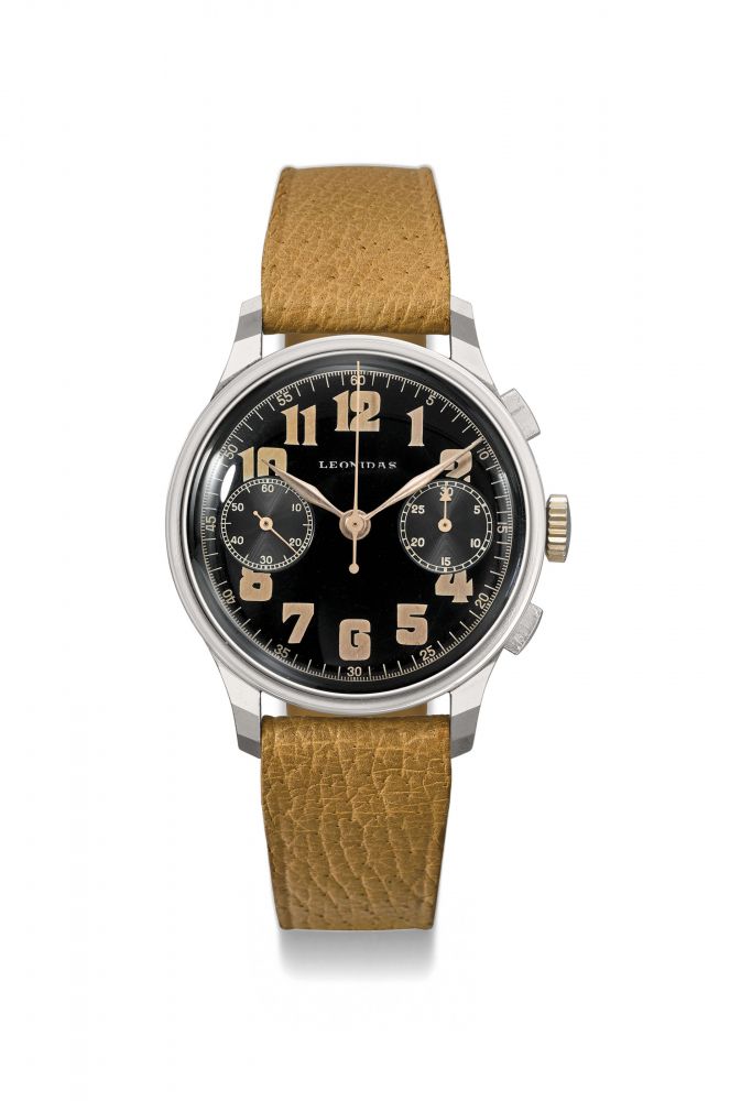 LEONIDAS. A RARE AND ATTRACTIVE STAINLESS STEEL CHRONOGRAPH WRISTWATCH WITH BLACK LACQUER MILITARY DIAL