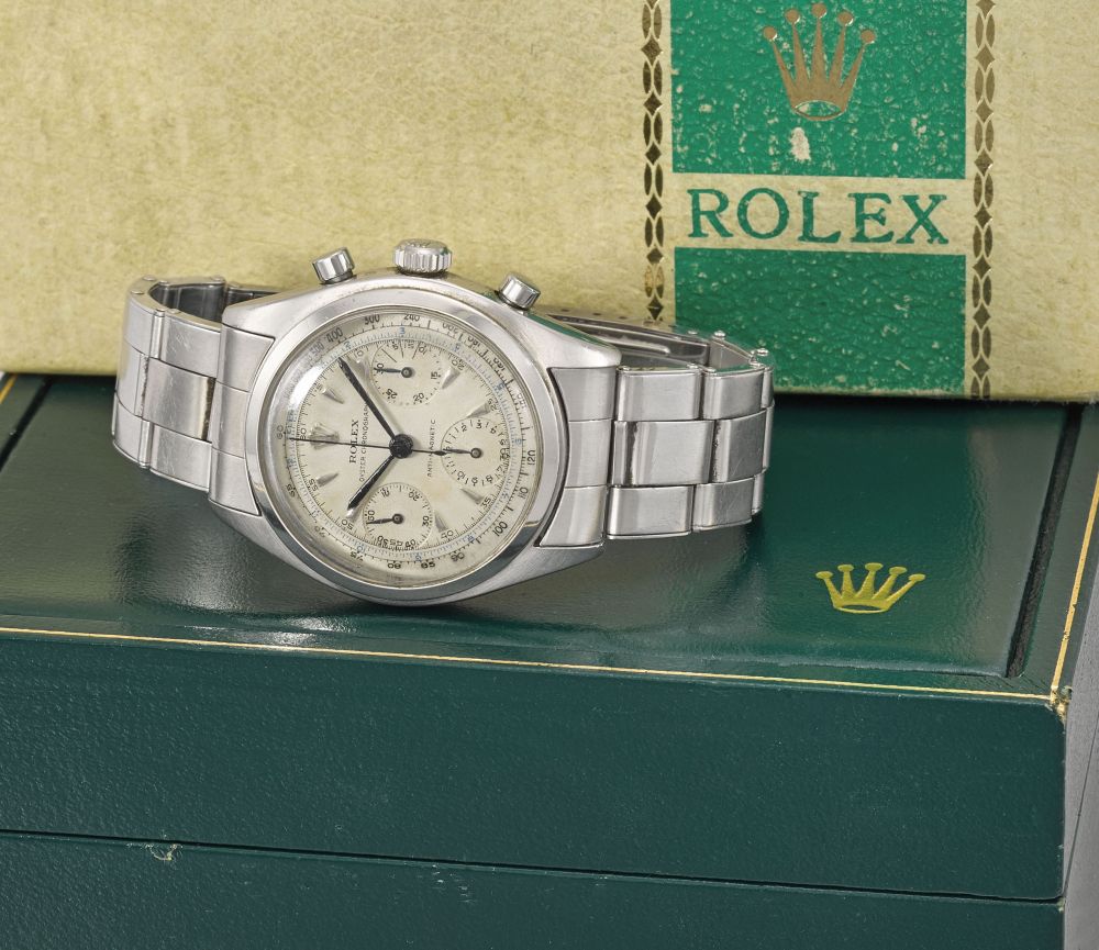 ROLEX. A FINE AND RARE STAINLESS STEEL CHRONOGRAPH WRISTWATCH WITH BOX