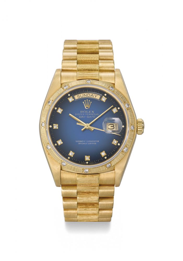 ROLEX. A RARE AND ATTRACTIVE 18K GOLD AND DIAMOND-SET AUTOMATIC WRISTWATCH WITH SWEEP CENTRE SECONDS, DAY, DATE, BLUE DEGRADE DIAL AND BRACELET