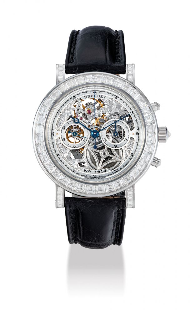 BREGUET. A FINE AND VERY ATTRACTIVE 18K WHITE GOLD AND BAGUETTE-DIAMOND-SET SKELETONISED CHRONOGRAPH WRISTWATCH