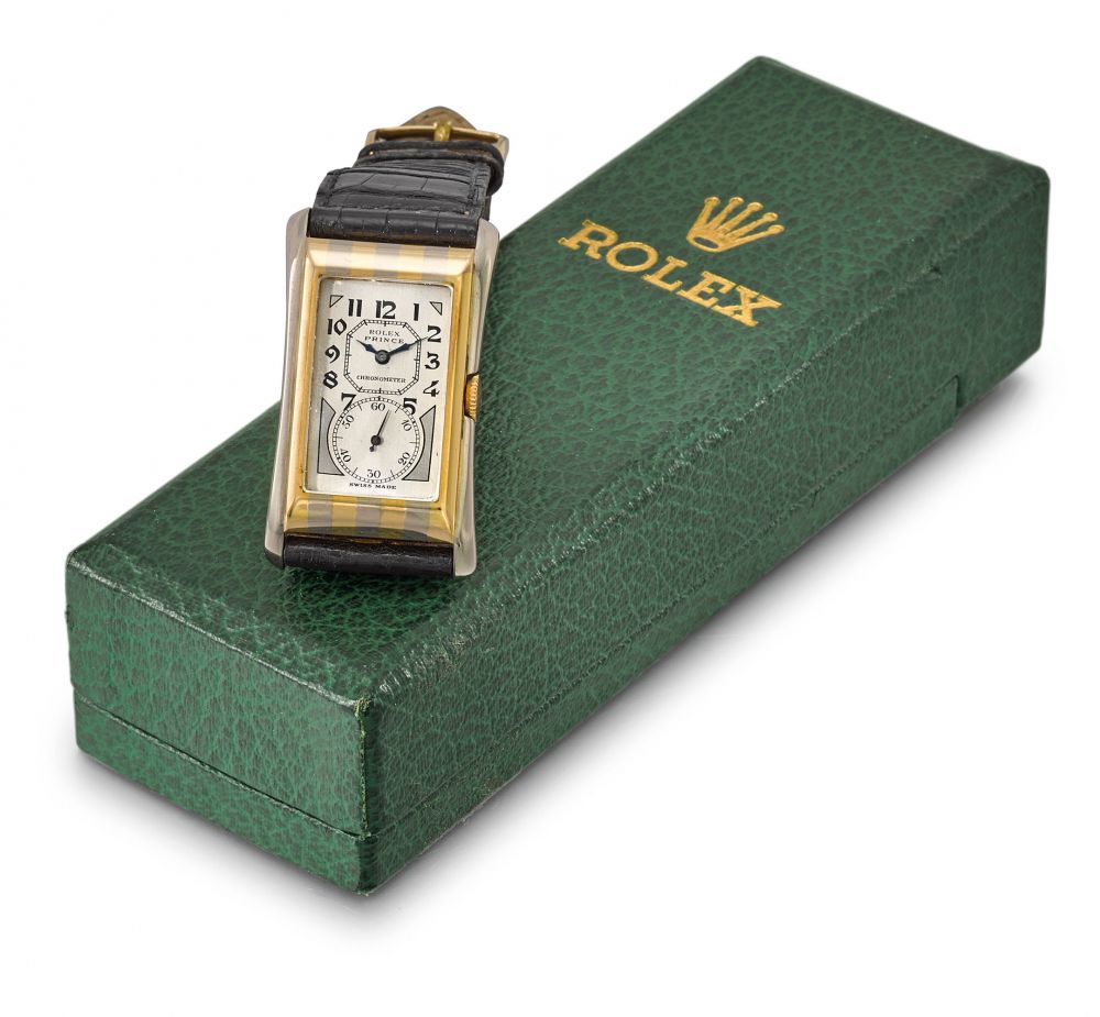 ROLEX. A FINE AND RARE 18K YELLOW AND WHITE GOLD RECTANGULAR WRISTWATCH