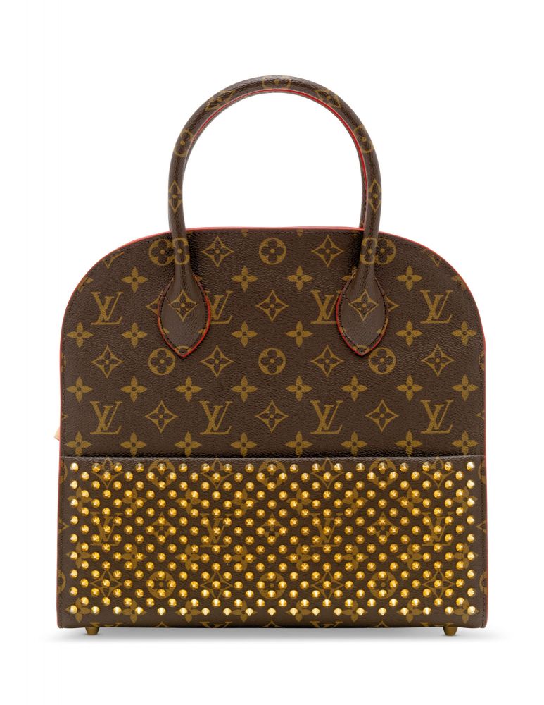 A CHRISTIAN LOUBOUTIN RED PONYHAIR & STUD MONOGRAM ICONOCLAST SHOPPING BAG WITH GOLD HARDWARE - LOUIS VUITTON, 2014