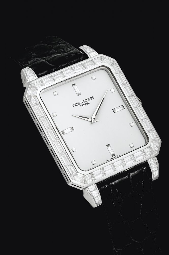 PATEK PHILIPPE. A RARE PLATINUM AND DIAMOND-SET RECTANGULAR WRISTWATCH