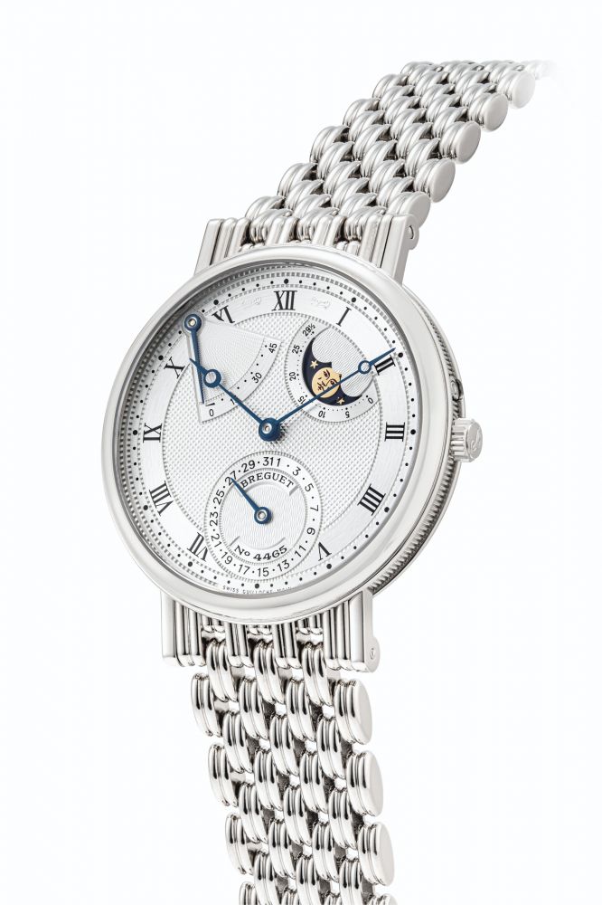BREGUET. AN 18K WHITE GOLD AUTOMATIC WRISTWATCH WITH DATE, POWER RESERVE, MOON PHASES AND BRACELET