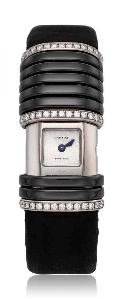 CARTIER, DECLARATION, 18K WHITE GOLD, TITANIUM & DIAMONDS LADIES’ CONCEALED DIAL WRISTWATCH, REF. 2611 -