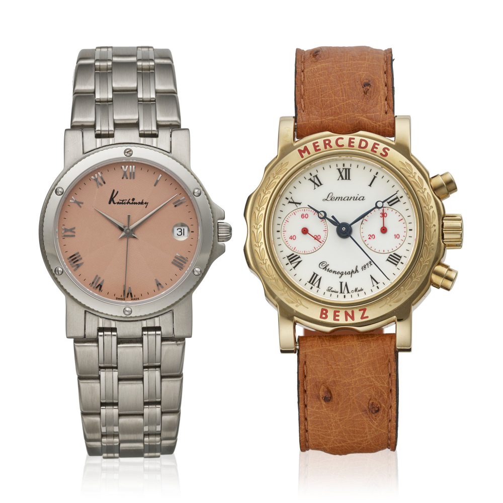 SET OF TWO WATCHES:KUTCHINSKY, STAINLESS STEEL WITH SALMON DIAL, REF. 467.234LEMANIA, YELLOW GOLD CHRONOGRAPH, EDITION FOR MERCEDES BENZ, REF. A 994 -