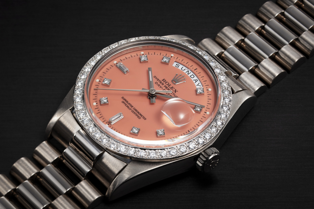 ROLEX, DAY-DATE REF. 1804, A GOLD AND DIAMOND AUTOMATIC WRISTWATCH WITH STELLA DIAL - CASE