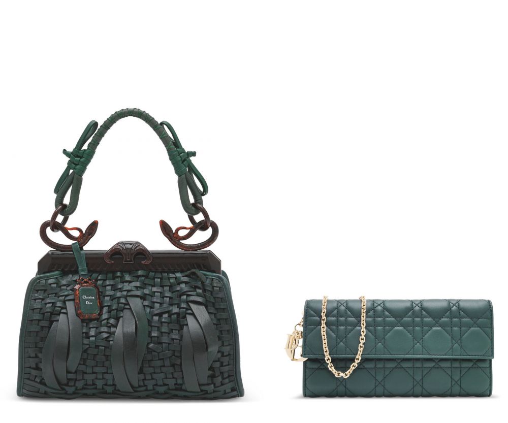 A SET OF TWO: A GREEN WOVEN LEATHER SAMOURAI BAG BY JOHN GALLIANO & A GREEN LAMBSKIN LEATHER CANNAGE WALLET ON CHAIN - DIOR, 2007