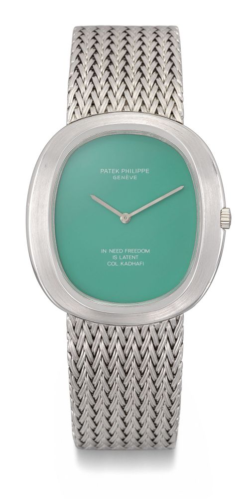 PATEK PHILIPPE, WHITE GOLD ELLIPSE AUTOMATIC WRISTWATCH WITH PALE GREEN DIAL MADE FOR COLONEL MUAMMAR GADDAFI, REF. 3589/1 - MOVEMENT NO. 1’288’168, CASE NO. 530’100