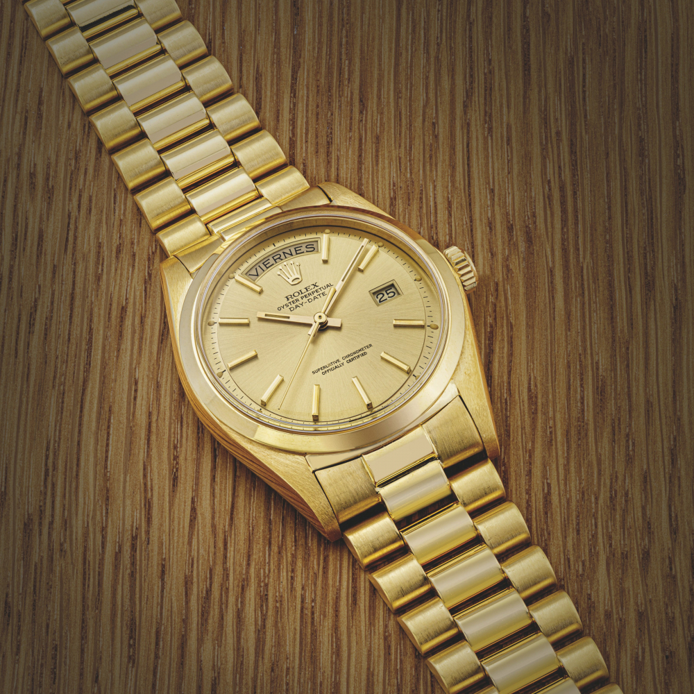 ROLEX. AN 18K GOLD AUTOMATIC WRISTWATCH WITH SWEEP CENTRE SECONDS, DAY, DATE AND BRACELET
