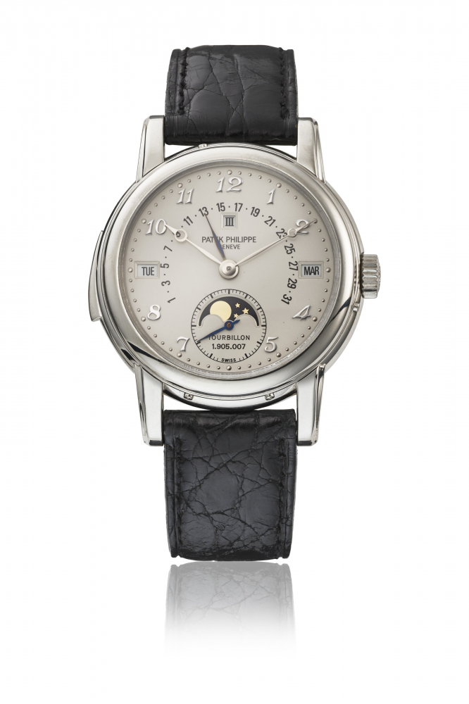 PATEK PHILIPPE. AN EXTREMELY RARE AND HIGHLY IMPORTANT PLATINUM MINUTE REPEATING PERPETUAL CALENDAR WRISTWATCH WITH TOURBILLON, RETROGRADE DATE, MOON PHASES, LEAP YEAR INDICATION AND BREGUET NUMERALS
