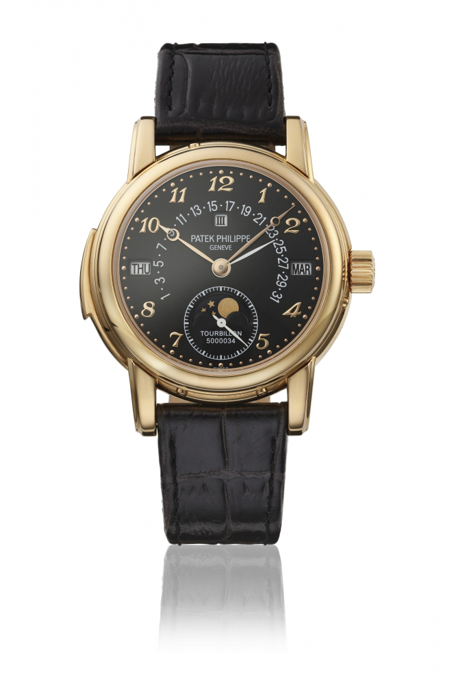 PATEK PHILIPPE. AN EXTREMELY RARE AND HIGHLY IMPORTANT 18K PINK GOLD MINUTE REPEATING PERPETUAL CALENDAR WRISTWATCH WITH TOURBILLON, RETROGRADE DATE, MOON PHASES, LEAP YEAR INDICATION, BLACK DIAL, CERTIFICATES AND BOX