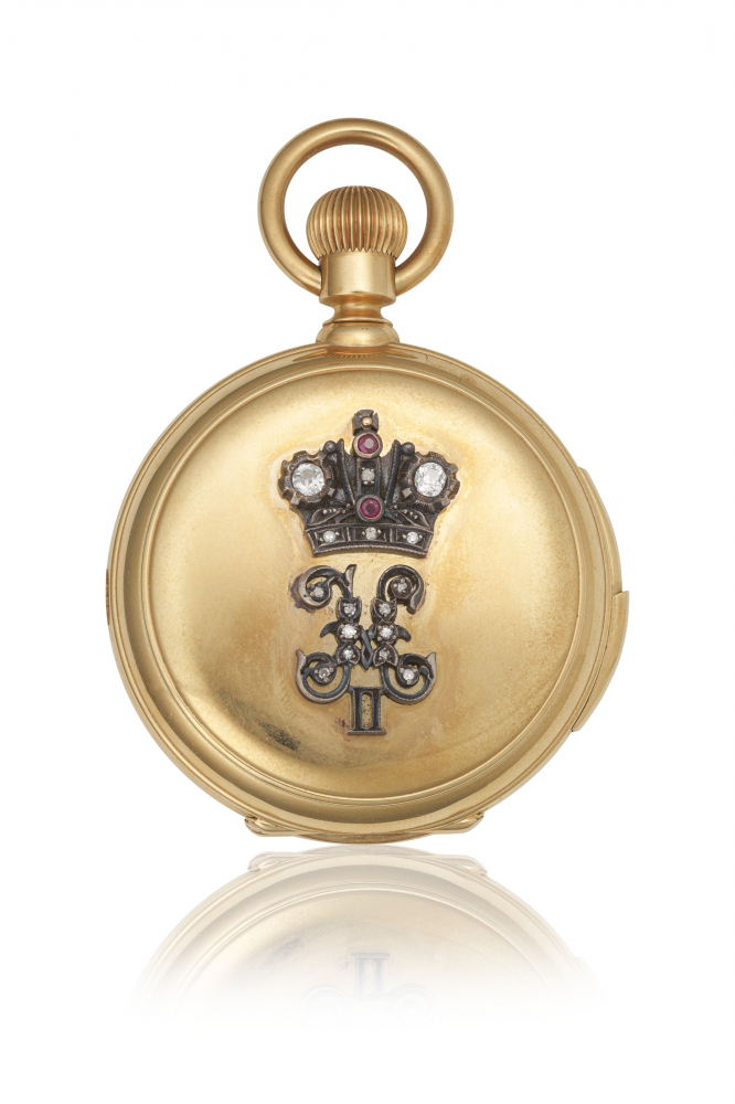 PAUL BUHRÉ. A VERY FINE AND EXTREMELY RARE LARGE 18K GOLD MINUTE REPEATING DIAMOND AND RUBY-SET HUNTING-CASED KEYLESS LEVER WATCH WITH CHRONOGRAPH, PERPETUAL CALENDAR, MOON PHASES AND ORIGINAL BOX