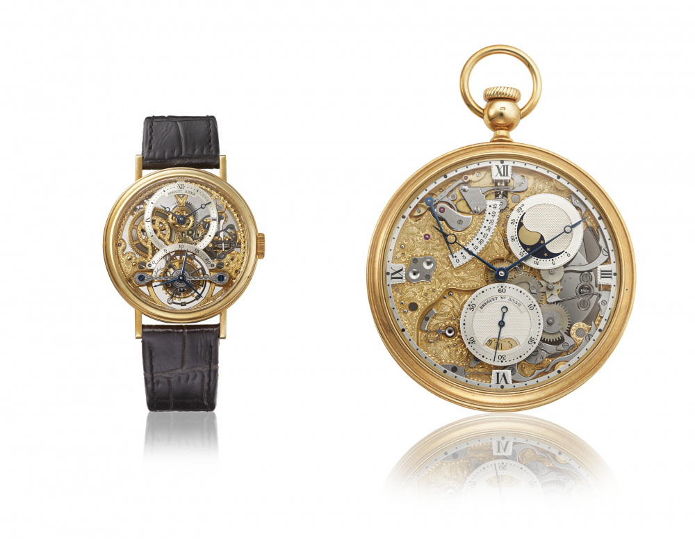 BREGUET. A VERY RARE AND IMPORTANT ‘SOUSCRIPTION’ SET OF 18K PINK GOLD WATCHES, COMPRISING A SKELETONIZED TOURBILLON WRISTWATCH AND A ‘PERPÉTUELLE’ SELF-WINDING SKELETONIZED POCKET WATCH WITH DATE, MOON PHASES AND POWER RESERVE
