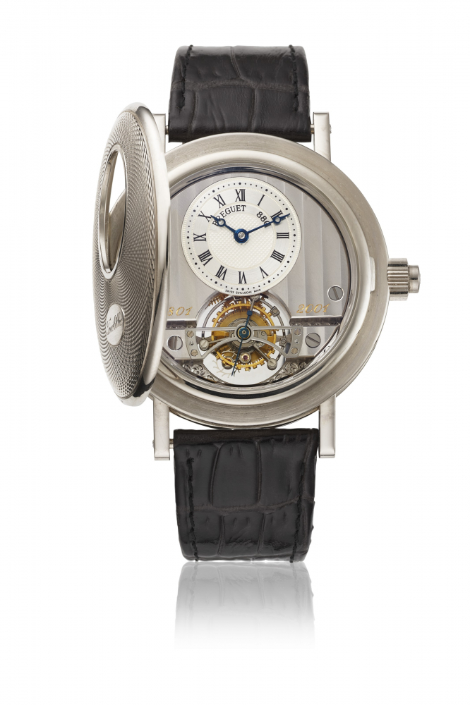 BREGUET. A VERY RARE AND UNUSUAL 18K WHITE GOLD SPECIAL EDITION HALF HUNTER CASE TOURBILLON WRISTWATCH WITH CERTIFICATE AND BOX